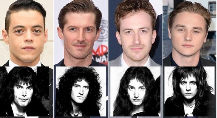 The Real and Reel characters of Bohemian Rhapsody from left Rami Malek as Freddie Mercury, Gwilym Lee as Brian May, Ben Hardy as Roger Taylor and Joseph Mazzello as John Deacon. 
